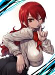  1girl amania_orz bow bowtie breasts collared_shirt dated hand_up highres index_finger_raised kirijou_mitsuru large_breasts long_hair long_sleeves looking_at_viewer one_eye_closed parted_lips persona persona_3 red_bow red_bowtie red_eyes red_hair shirt solo twitter_username upper_body white_shirt 