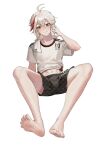  1boy adidas antenna_hair barefoot black_shorts closed_mouth genshin_impact gym_uniform hair_between_eyes highres huahua123569 kaedehara_kazuha long_hair male_focus midriff multicolored_hair navel red_eyes red_hair shirt short_sleeves shorts solo stomach streaked_hair towel towel_around_neck two-tone_hair white_hair white_shirt 