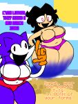  3:4 anthro areola areola_slip beach big_breasts black_eyes black_hair breasts brown_areola clothing creepypasta dialogue duo eulipotyphlan eyelashes fan_character female freckles freckles_on_breasts fur gloves hair hand_on_hip handwear hedgehog huge_breasts human mammal navel needlem0use_(analogue_horror) open_mouth orange_clothing orange_gloves orange_handwear pink_clothing pink_eyes pink_swimwear purple_body purple_clothing purple_fur purple_swimwear sarah_(needlemouse) scritdrawslewds seaside sega slightly_chubby sonic.exe_(creepypasta) sonic_the_hedgehog sonic_the_hedgehog_(series) swimwear tan_body tan_skin text thick_thighs white_eyes wide_hips 