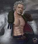  1boy abs alternate_body_hair bara bare_pectorals beard belt birthday chest_hair cigar facial_hair gloves goatee large_pectorals long_sideburns looking_at_viewer male_focus mature_male muscular muscular_male navel navel_hair one_piece open_pants pants pectorals short_hair sideburns smoke smoker_(one_piece) smoking solo stomach stubble taffe 