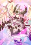  1girl armor beautymon covered_eyes digimon helmet_over_eyes highres holding holding_polearm holding_weapon konna-nani long_hair mask pink_hair polearm solo staff v weapon wings 