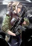  1girl ar-15 braid breasts commentary ear_protection gloves green_eyes grey_hair gun highres jacket large_breasts optical_sight original rifle sidelocks simple_background sleeves_rolled_up smoke smoking_gun solo thick_thighs thighs trigger_discipline turtleneck utsucan weapon white_hair 