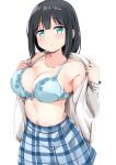  1girl absurdres bare_shoulders black_hair blue_bra blue_skirt blush bra breasts cleavage closed_mouth collarbone commentary_request green_eyes highres kanosawa large_breasts lingerie long_hair long_sleeves looking_at_viewer navel open_clothes open_shirt simple_background skirt solo standing tougou_mimori underwear white_background yuuki_yuuna_wa_yuusha_de_aru yuusha_de_aru 