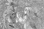  2girls armor armored_dress breastplate dual_persona feathers greyscale helmet highres lenneth_valkyrie long_hair low-braided_long_hair monochrome multiple_girls platina_(valkyrie_profile) shoulder_armor shoulder_pads tak-ter valkyrie valkyrie_profile winged_helmet 