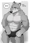  2022 abs annoyed anthro barazoku biceps bulge canid canine canis clothed clothing dialogue digital_media_(artwork) ellipsis english_text eyebrows eyewear glasses hi_res male mammal muscular muscular_anthro muscular_male navel nipples partially_clothed pecs ruffus_(ruffusbleu) ruffusbleu solo talking_to_viewer text underwear wolf 