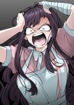  1girl angry apron arms_up bandaged_arm bandages black_hair breasts collared_shirt d: danganronpa_(series) danganronpa_2:_goodbye_despair gradient_background grey_apron grey_shirt hands_in_hair hands_in_own_hair highres large_breasts long_hair mole mole_under_eye pink_shirt puffy_short_sleeves puffy_sleeves shachoo_(poco_poco) shirt short_sleeves solo teeth tongue tsumiki_mikan two-tone_shirt upper_body upper_teeth_only 