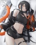  1girl bare_shoulders black_hair breasts cable cable_tail cleavage_cutout clothing_cutout cyberpunk cyborg earrings eyepatch halterneck highres jacket jewelry looking_at_viewer lying mechanical_arms mechanical_tail medium_breasts midriff mihato_senba navel on_side open_clothes open_jacket orange_eyes original short_hair shorts slit_pupils solo sumi_elias swept_bangs tail 