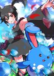  armpits azumarill black_hair black_kimono brown_eyes clenched_hand cloud detached_sleeves furisode_girl_kali highres japanese_clothes kimono looking_at_viewer monaka_mom pokemon pokemon_(game) pokemon_masters_ex red_sash sash smile sweat teeth twintails wide_sleeves 