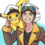  1boy brown_jacket captain_pikachu chon_chiyon clothed_pokemon commentary_request friede_(pokemon) fur-trimmed_jacket fur_trim goggles goggles_on_head grin hand_up jacket long_sleeves looking_at_viewer male_focus on_shoulder open_clothes open_jacket pikachu pokemon pokemon_(anime) pokemon_(creature) pokemon_horizons pokemon_on_shoulder shirt smile teeth upper_body white_hair yellow_eyes 