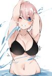  1girl ;d absurdres armpits arms_up bikini black_bikini blue_eyes blush breasts cleavage collarbone commentary_request curvy go-toubun_no_hanayome grin hair_between_eyes halterneck highres large_breasts looking_at_viewer mame1645 nakano_ichika navel one_eye_closed pink_hair shiny_skin short_hair simple_background smile solo splashing stomach swimsuit upper_body v-shaped_eyebrows wading water white_background 