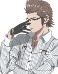  1boy adjusting_eyewear armband black_gloves brown_hair collared_shirt crossed_arms final_fantasy final_fantasy_xv glasses gloves green_eyes hair_slicked_back ignis_scientia jewelry kanata_(loser51) long_sleeves looking_at_viewer male_focus necklace pinstripe_pattern pinstripe_shirt shirt short_hair sideburns solo striped suspenders upper_body white_background 