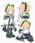  ! 1girl absurdres anger_vein angry animal_ear_headphones animal_ears animal_hood atat250 black_coat black_footwear black_shorts black_thighhighs blonde_hair blue_archive blue_necktie blush blush_stickers boots cat_ear_headphones cat_hood cat_tail coat collared_shirt cropped_torso dot_mouth dress_shirt embarrassed fake_animal_ears fake_tail full_body furrowed_brow green_coat green_eyes grey_background halo headphones highres hood hood_down hooded_coat hugging_own_legs knees_up looking_at_viewer low_tied_sidelocks midori_(blue_archive) multicolored_coat multiple_views necktie nose_blush open_clothes open_coat open_mouth shirt short_hair shorts sidelocks simple_background sitting sleeves_past_fingers sleeves_past_wrists smile tail thighhighs white_coat white_shirt 