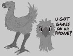  2023 avian beak chocobo digital_media_(artwork) do_you_have_games_on_your_phone english_text eyes_closed feathers final_fantasy greyscale kooriki looking_at_viewer meme monochrome multiple_images open_mouth simple_background solo square_enix tail_feathers talons text 