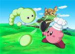  2002 alien ambiguous_gender attack castle chef_hat clothing cook_kirby cookware day demon_beast detailed_background duo frying_pan hat headgear headwear kirby kirby:_right_back_at_ya! kirby_(series) kitchen_utensils nintendo not_furry official_art pink_body popon_(kirby) smile tools unknown_artist waddling_head 