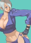  1girl angel_(kof) aqua_background blue_eyes breasts cleavage hair_over_one_eye hand_on_own_hip highres jacket looking_to_the_side midriff qazlazz33 short_hair the_king_of_fighters white_hair 