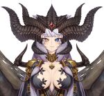  1girl blue_eyes blunt_bangs blush breasts brown_eyes closed_mouth cluseller diablo_4 dress fang gem grey_hair heterochromia horns large_breasts long_hair looking_at_viewer red_background solo upper_body virtual_youtuber wings 