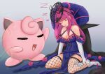  1girl bare_shoulders blue_dress boots breasts cleavage closed_eyes commentary_request dress elbow_gloves fire_emblem fire_emblem_engage fishnet_thighhighs fishnets gloves gradient_background grey_background high_heel_boots high_heels ivy_(fire_emblem) jigglypuff large_breasts long_hair off-shoulder_dress off_shoulder pelvic_curtain pokemon purple_hair rinku_bny short_sleeves sitting sleeping thighhighs very_long_hair wariza white_footwear white_gloves zzz 