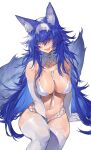  animal_ear_fluff animal_ears between_breasts between_legs bikini blue_eyes blue_hair breasts bridal_lingerie collarbone elbow_gloves fluffy fox_ears fox_girl fox_tail gloves hair_between_eyes hand_between_legs highres large_breasts licking_lips lingerie long_hair looking_at_viewer messy_hair navel noy original see-through sharp_teeth sheer_gloves sitting swimsuit tail teeth tongue tongue_out underwear upper_body very_long_hair white_bikini white_gloves 
