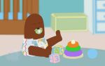  baby_toys bear bright_colors brown_body clothed clothing crib diaper fan_character fennecat_(artist) gondola_(spurdo) hi_res looking_happy male mammal object_in_mouth pacifier pacifier_in_mouth solo watermark wearing_diaper 