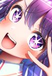  1girl :d aruminsuko blush close-up collar commentary_request hair_between_eyes highres hoshino_ai_(oshi_no_ko) looking_at_viewer open_mouth oshi_no_ko purple_eyes purple_hair smile solo sparkle star-shaped_pupils star_(symbol) symbol-shaped_pupils teeth upper_teeth_only v v_over_eye white_collar 