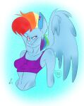  2015 anthro anthrofied areola blue_areola blue_body blue_feathers blue_fur breasts clothing digital_media_(artwork) ear_piercing equid equine eyebrows feathered_wings feathers feathers-ruffled female friendship_is_magic fur hair hasbro hi_res mammal multicolored_hair my_little_pony pegasus piercing pink_eyes rainbow_dash_(mlp) rainbow_hair smile smirk solo topwear wings 