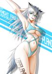 1girl :d absurdres animal_ear_fluff animal_ears aqua_eyes arknights armpits arms_up blue_one-piece_swimsuit breasts cameltoe casual_one-piece_swimsuit character_name covered_nipples cowboy_shot grey_hair grey_theme groin hair_ornament hairclip highres knight_fault lappland_(arknights) large_breasts looking_at_viewer navel one-piece_swimsuit sharp_teeth smile solo spot_color swimsuit tail teeth two-tone_background underboob upper_teeth_only wolf_ears wolf_girl wolf_tail 
