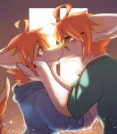  absurd_res anthro blue_clothing blue_topwear blush clothed clothing duo ears_back eye_contact eyewear fur glasses glistening glistening_eyes hair hi_res kissing kuttoyaki looking_at_another male orange_eyes orange_hair pivoted_ears selfcest side_view simple_background square_crossover topwear wearing_glasses white_body white_fur yellow_body yellow_fur 