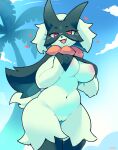  &lt;3 absurd_res anthro areola belly breasts cloud covering covering_breasts female generation_9_pokemon genitals hi_res holding_breast looking_at_viewer meowscarada moxiidraws navel nintendo nipples palm_tree plant pokemon pokemon_(species) pussy red_eyes smile solo tail thick_thighs tree 