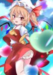  1girl absurdres ascot balloon blonde_hair bloomers blurry bow cloud collared_shirt crystal depth_of_field dress fang flandre_scarlet frilled_dress frills hat hat_bow heart_balloon high_heels highres kyuu_cat looking_at_viewer mob_cap one_side_up outdoors puffy_short_sleeves puffy_sleeves red_bow red_eyes red_skirt red_vest shirt short_sleeves skin_fang skirt skirt_set sky smile solo touhou underwear vest waist_bow white_headwear white_shirt wings yellow_ascot yellow_bow 