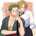  2boys blonde_hair cigarette earrings facial_hair green_hair green_kimono grin hair_over_one_eye highres implied_yaoi japanese_clothes jewelry kimono looking_at_viewer male_focus multiple_boys necktie necktie_grab neckwear_grab one_piece pectoral_cleavage pectorals roronoa_zoro sanji_(one_piece) scar scar_across_eye shironegi_zzz shirt short_hair sleeves_rolled_up smile yaoi 