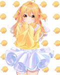  1girl blonde_hair hair_ornament hair_ribbon hairclip highres honey_82n indie_virtual_youtuber long_hair long_sleeves pmaru-sama ribbon s&#039;il_vous_president shorts skirt solo sweater white_shorts white_skirt yellow_eyes yellow_sweater 