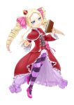  1girl beatrice_(re:zero) blonde_hair blue_eyes book capelet dress drill_hair full_body furanpa_mugiuta hair_ribbon highres long_hair looking_at_viewer re:zero_kara_hajimeru_isekai_seikatsu red_dress ribbon sidelocks simple_background solo standing striped striped_thighhighs symbol-shaped_pupils thighhighs twin_drills white_background 