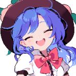 1girl ahiru_tokotoko black_headwear blue_hair blush buttons center_frills closed_eyes collared_shirt facing_viewer frills fruit_hat_ornament hat_ornament highres hinanawi_tenshi long_hair open_mouth peach_hat_ornament pixel_art puffy_short_sleeves puffy_sleeves shirt short_sleeves simple_background smile solo touhou upper_body white_background white_shirt 