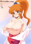  1girl blush breasts caron_(rall) choker cleavage dated green_eyes large_breasts long_hair looking_at_viewer nafta nipples orange_hair pink_background ponytail sf_choujigen_densetsu_rall signature simple_background solo 