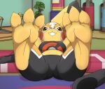  2023 3_toes absurd_res anthro breasts cleft_tail clothing cosplay_pikachu_(costume) feet female foot_focus generation_1_pokemon hi_res humanoid_feet lying mask nintendo on_back pikachu pikachu_libre plant plantigrade pokemon pokemon_(species) punching_bag smile soles solo teeth thejestermime toes yellow_body yellow_skin 