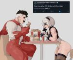  1boy 1girl 2b_(nier:automata) black_hair blindfold burger chair chicken_(food) cup drink eating facial_hair food french_fries fried_chicken gloves hairband highres holding holding_food invincible_(series) kfc mustache omni-man pantyhose red_suit suit table tweet white_hair white_suit yoracrab 