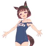  1girl :d animal_ears armpit_crease bare_shoulders blue_one-piece_swimsuit breasts character_name collarbone covered_navel dripping hamao head_tilt highres horse_ears horse_girl horse_tail light_blush looking_at_viewer nishino_flower_(umamusume) one-piece_swimsuit open_mouth outstretched_arms purple_eyes short_hair simple_background small_breasts smile solo strap_slip swimsuit tail umamusume wet wet_clothes wet_hair white_background 