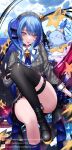  1girl ascot beret black_thighhighs blue_ascot blue_choker blue_eyes blue_hair boots brooch choker crown gloves hat high_side_ponytail highres hololive hoshimachi_suisei hoshimachi_suisei_(1st_costume) jewelry long_hair looking_at_viewer mini_crown partially_fingerless_gloves plaid plaid_headwear pleated_skirt single_thighhigh sitting skirt solo star_(symbol) thigh_strap thighhighs thighs virtual_youtuber watermark yusuke_(shiota) 
