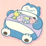  blanket cleffa closed_eyes closed_mouth commentary_request highres igglybuff lying lying_on_another momo_irone no_humans official_art on_back pichu pink_background pokemon pokemon_(creature) simple_background sleeping smile snorlax togepi 