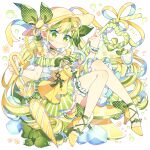  1girl blonde_hair blush bow bridal_garter bubble commentary dress english_commentary flower food fruit full_body glass green_bow green_eyes green_hair green_skirt hat hat_bow high_heels holding holding_straw holding_umbrella hyou_(pixiv3677917) ice ice_cube knees_up layered_skirt lime_(fruit) lime_slice long_hair multicolored_hair original oversized_object parfait simple_background skirt smile solo straw_hat streaked_hair twintails umbrella very_long_hair white_background yellow_dress yellow_flower yellow_footwear yellow_headwear yellow_umbrella 