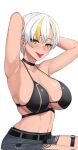  1girl arms_behind_head belt bikini bikini_top_only black_belt black_bikini black_choker blonde_hair breasts breasts_day choker cleavage collarbone good_breasts_day grey_shorts highres kuon_bb large_breasts luvdia multicolored_hair navel_piercing o-ring o-ring_bikini o-ring_thigh_strap park_dona piercing short_hair shorts solo streaked_hair swimsuit tan thigh_strap tongue tongue_piercing virtual_youtuber white_hair yellow_eyes 