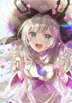  1girl absurdres blue_eyes breasts dress fate/grand_order fate_(series) flower frilled_hat frills gloves grey_hair hair_flower hair_ornament hat heart highres large_hat long_hair marie_antoinette_(fate) marie_antoinette_(third_ascension)_(fate) multicolored_clothes multicolored_dress open_mouth pink_flower pink_rose purple_flower purple_rose red_flower red_rose rose signature solo totomiya very_long_hair white_dress white_gloves white_headwear 