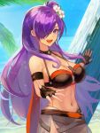  1girl aoisu_ao beach bikini black_bikini black_gloves blue_sky breasts cleavage commentary day fingerless_gloves fire_emblem fire_emblem:_three_houses fire_emblem_heroes fire_emblem_warriors:_three_hopes flower gloves hair_bun hair_flower hair_ornament hair_over_one_eye highres large_breasts long_hair looking_at_viewer navel official_alternate_costume one_eye_covered open_mouth outdoors purple_eyes purple_hair shez_(female)_(fire_emblem) shez_(female)_(summer)_(fire_emblem) shez_(fire_emblem) single_hair_bun sky smile solo stomach swimsuit teeth upper_teeth_only very_long_hair water whistle whistle_around_neck 