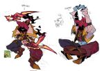  1boy animal arms_up belt brown_belt brown_footwear cat fidorubeibi grin highres holding holding_weapon league_of_legends long_sleeves male_focus multiple_views navel pants red_eyes red_hood red_pants shaco sharp_teeth sitting smile soul_fighter_shaco standing stomach straitjacket stretching teeth thigh_strap translation_request weapon 