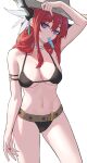  1girl absurdres alternate_costume arknights arm_strap arm_up bare_arms bare_shoulders belt bikini black_bikini breasts choker commentary_request cowboy_shot food hat head_tilt highres horns large_breasts long_hair looking_at_viewer mouth_hold navel popsicle purple_eyes red_headwear shortofsugar simple_background solo standing stomach surtr_(arknights) swimsuit thighs white_background white_choker 
