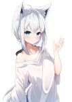  1girl absurdres amato_0321 animal_ear_fluff animal_ears blue_eyes fox_ears fox_girl highres hololive long_hair looking_at_viewer off_shoulder shirakami_fubuki smile sweater virtual_youtuber white_hair white_sweater 