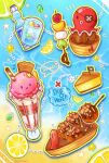  eyepatch food food_focus fruit highres ice_cream lemon lemon_slice lime_(fruit) lime_slice no_humans octopus original parfait ramune skewer speech_bubble star_(symbol) still_life takoyaki xindi 