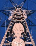  1girl absurdres antenna_hair blue_sky bob_cut closed_eyes commentary_request facing_viewer highres limited_palette multicolored_hair neckerchief open_mouth original outline power_lines school_uniform serafuku short_hair sirayukisiu sky smile solo star_(sky) starry_sky transmission_tower two-tone_hair 