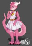  anthro bottomwear clothed clothing ember_forge fur fur_tuft furred_kobold girly hair hi_res horn kobold long_tail male pink_body pink_fur pink_hair purple_eyes skirt solo sybil_(artist) tail tuft white_clothing 