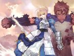  1boy 1girl ahoge armor armored_dress artoria_pendragon_(fate) blonde_hair blood brown_hair commentary_request dress emiya_shirou excalibur_(fate/stay_night) fate/stay_night fate_(series) faulds gauntlets green_eyes hair_ribbon lips official_art okazaki_takeshi raglan_sleeves revision ribbon saber_(fate) sword torn_clothes weapon yellow_eyes 